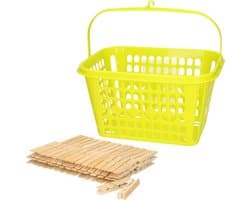 Wasknijpers ophangmandje met haak - groen - gevuld met 120x houten wasknijpers 7 cm - was ophangen