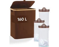 DARI. - Wasmand 3 vakken - Wassorteerder - 160L - met 3 uitneembare zakken - wasmand - bruin - knopen
