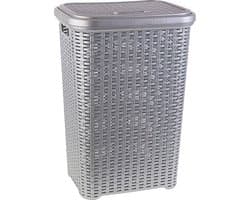 Plasticforte Wasmand met deksel - 2x stuks - 60 liter - zilvergrijs - rotan - kunststof - L35 x B43 x H62 cm