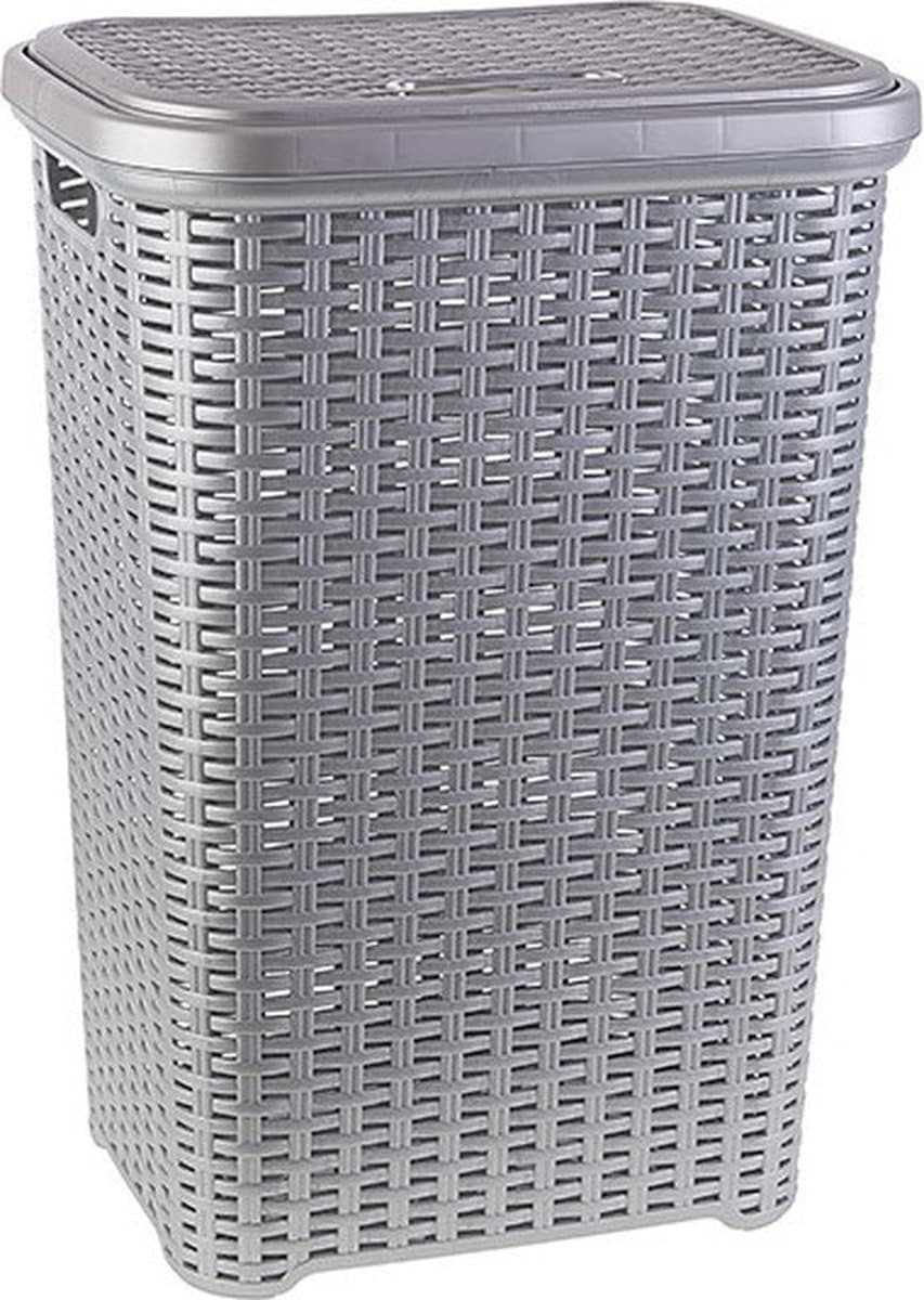 Plasticforte Wasmand met deksel - 2x stuks - 60 liter - zilvergrijs - rotan - kunststof - L35 x B43 x H62 cm — afbeelding 1