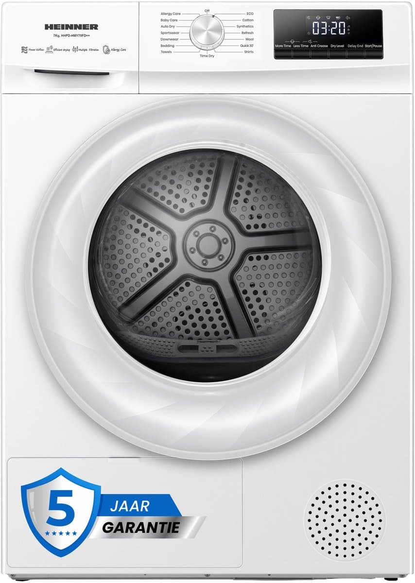 Heinner HHPD-HMY70FD++ Wasdroger - Warmtepompdroger 7 kg – 15 Programma’s – Digitaal Display – Wit – 5 Jaar Garantie — afbeelding 1