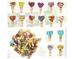 50x Houten Waslijnknijpers met Hartjes - Decoratieve Foto Clips voor DIY & Knutselen