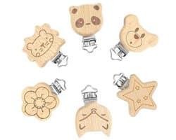 Fopspeenclip, 6 stuks, houten dieren, clips, accessoires, fopspeenclip, hout, speen clip voor baby en kinderen, babyfopspeen clips