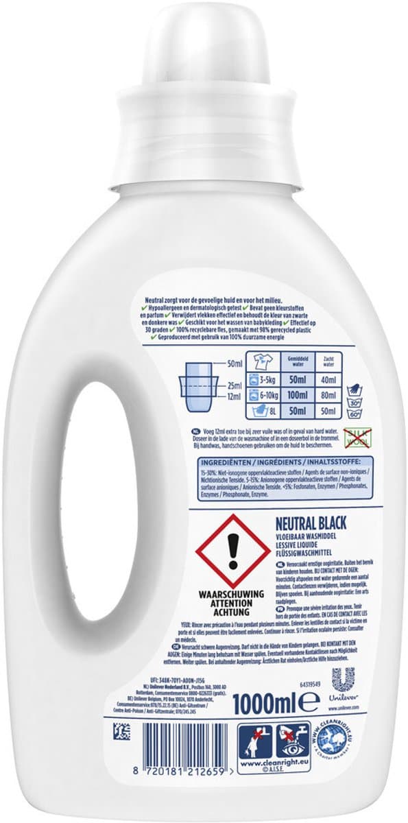 Neutral - Vloeibaar Wasmiddel Zwart - 1 liter - 20 wasbeurten — afbeelding 1