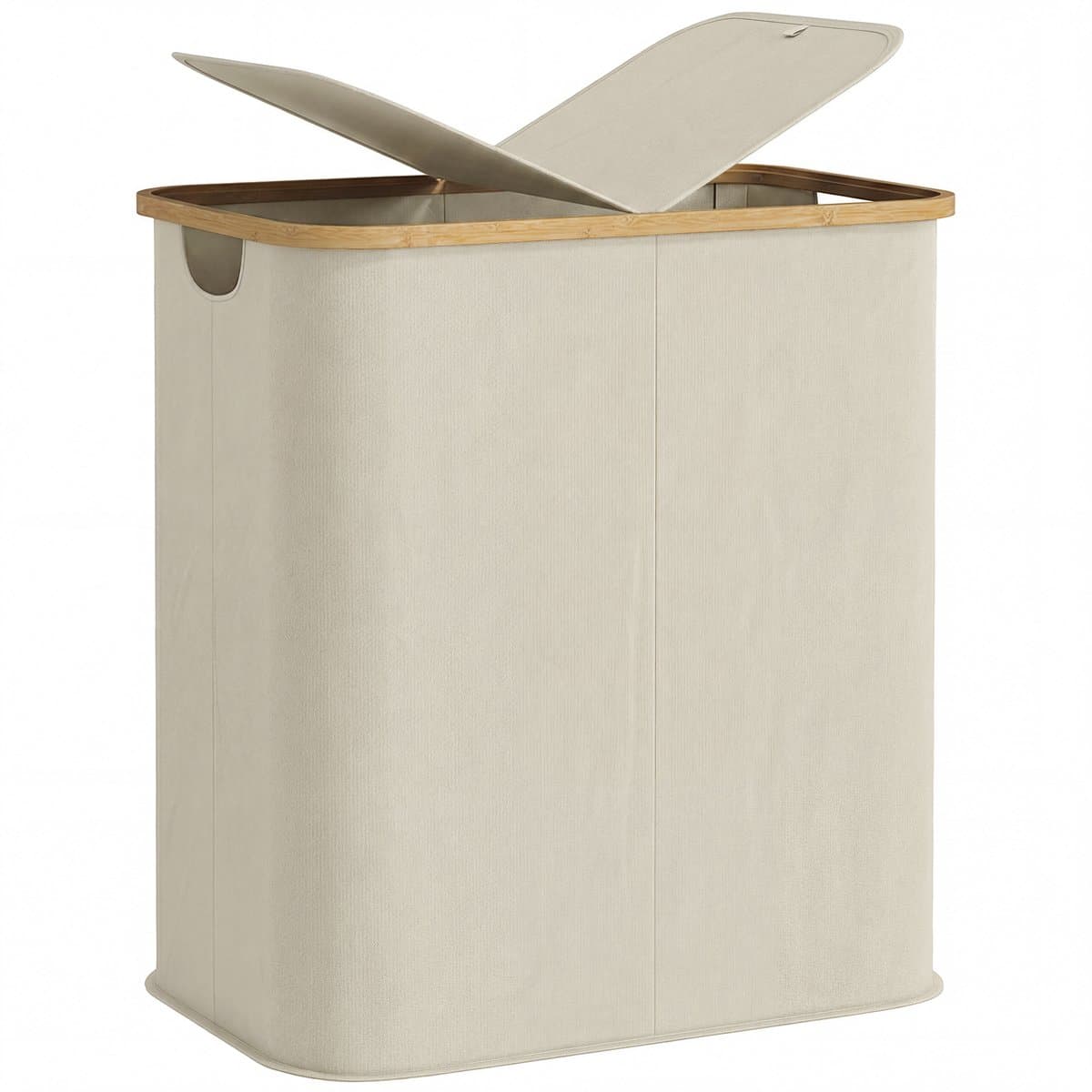 Dubbele opvouwbare wasmand van 80 liter met deksel - gegroefde handgrepen - beige — afbeelding 1