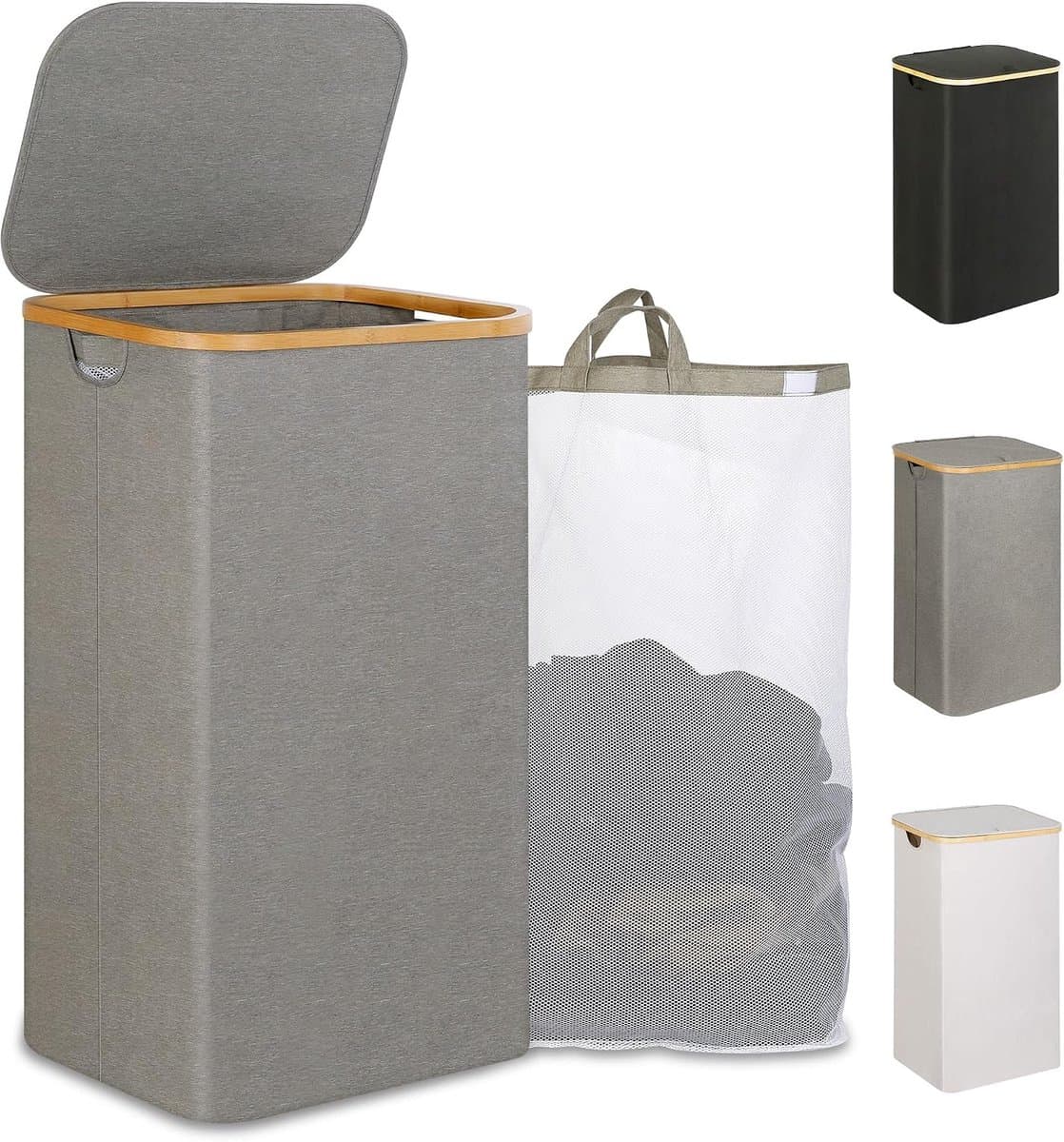 IEGrow Wasmand voor wasgoed, 110 liter, XL, met deksel en handvat, hoge wasmand met binnenzak, voor vuile kleding, speelgoed handdoeken (grijs) — afbeelding 1