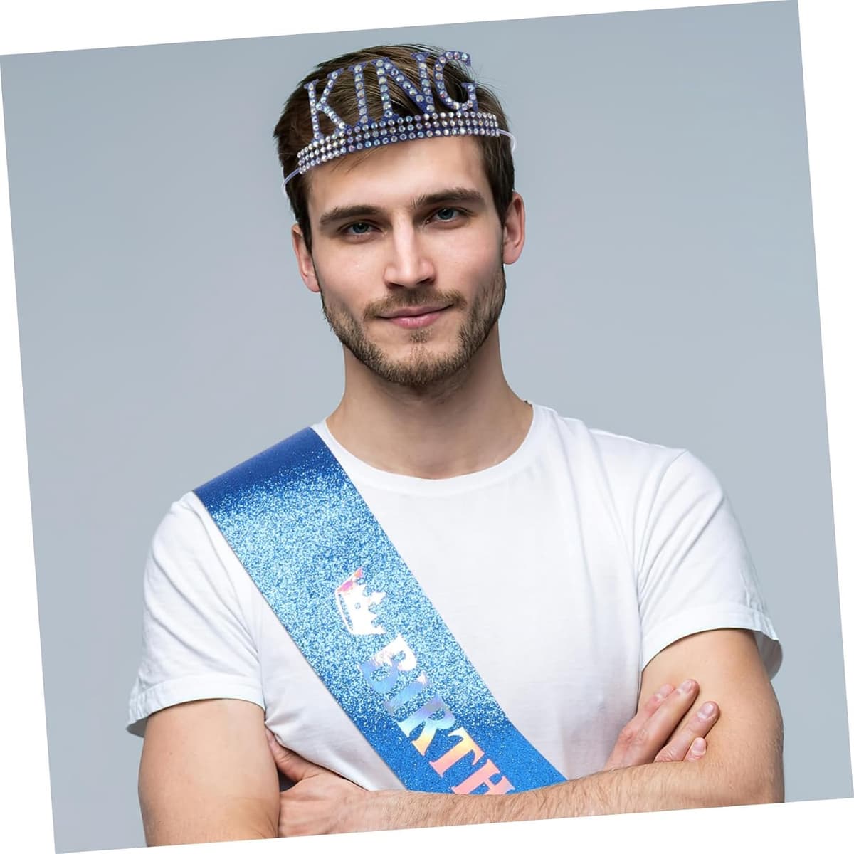 1set Verstelbare Verjaardagskroon Sjerp Set Voor Mannen Duurzame Feestdecoraties Voor Verjaardagen Bruiloften Prom Glitterende Kroon Sjerp Van — afbeelding 1
