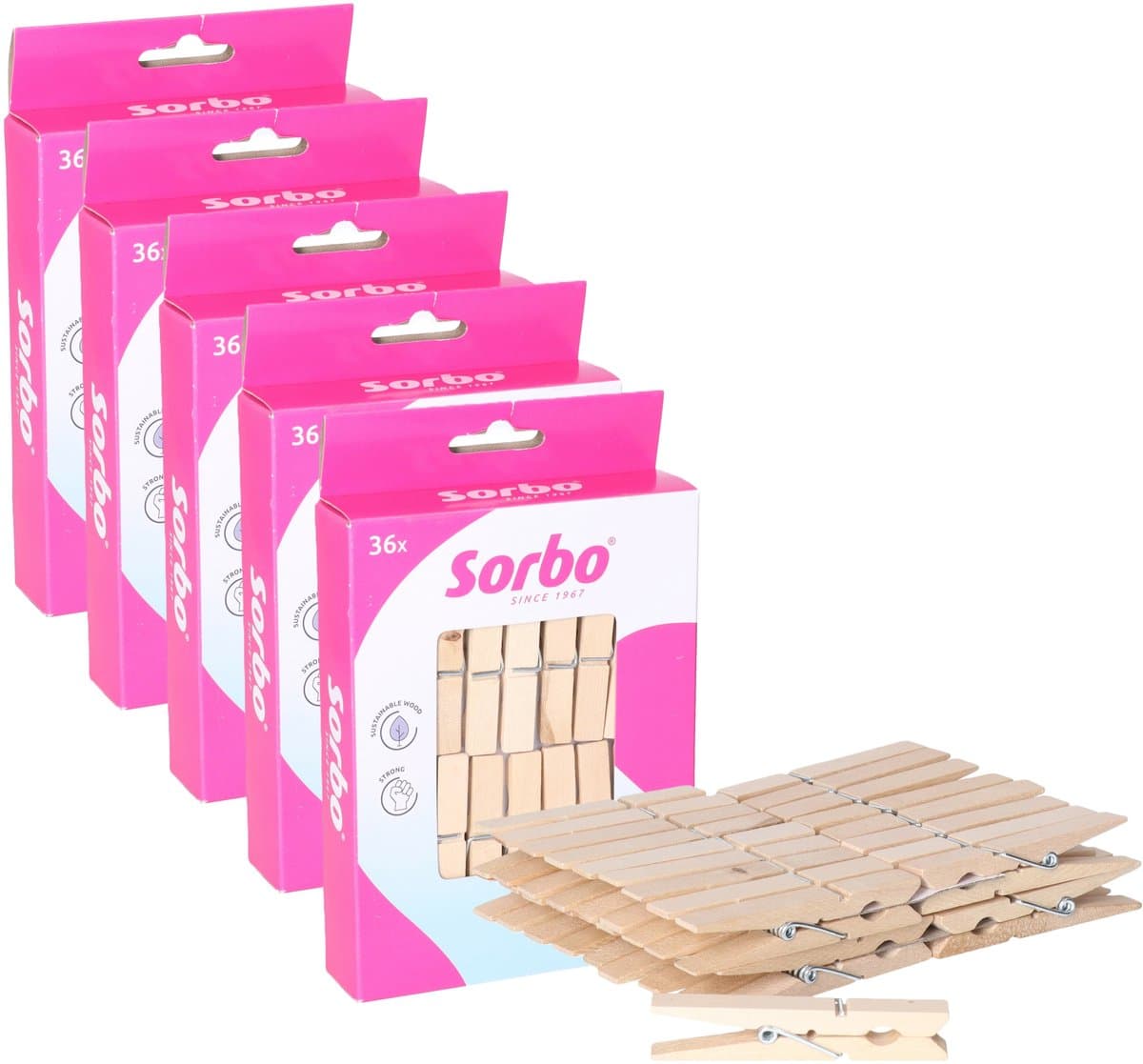 Sorbo wasknijpers hout - 180x stuks - knijpers / wasspelden - wasgoed ophangen — afbeelding 1