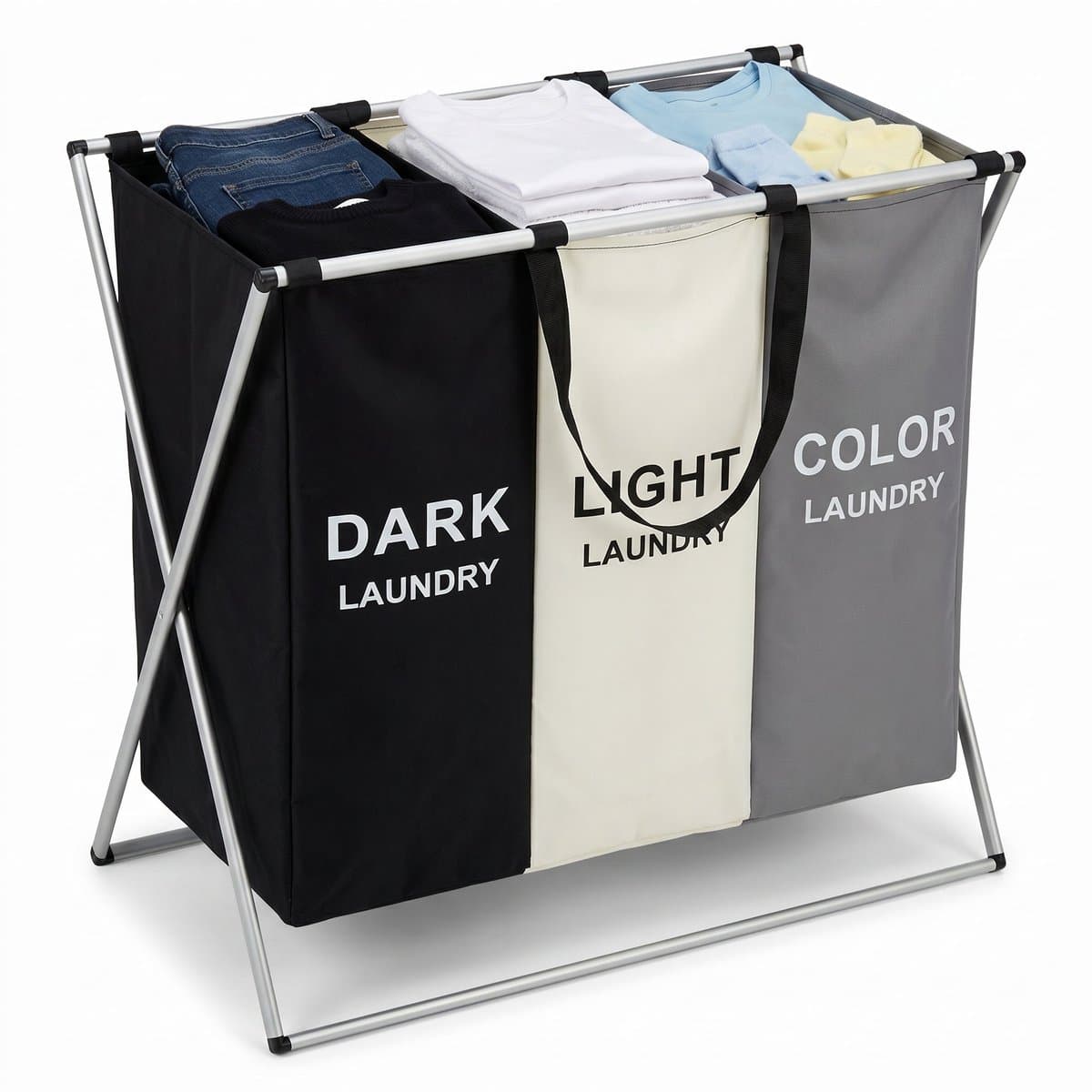 Cheqo® Wasmand met 3 Vakken - Wassorteerder - Opvouwbaar - Sorteren voor Badkamer - Was Organizer - Wasgoed - Donker Licht Kleur - Aluminium Frame - Laundry Basket - Waszak - Inklapbaar - Wasbox - Stevig voor Slaapkamer en Wasruimte — afbeelding 1