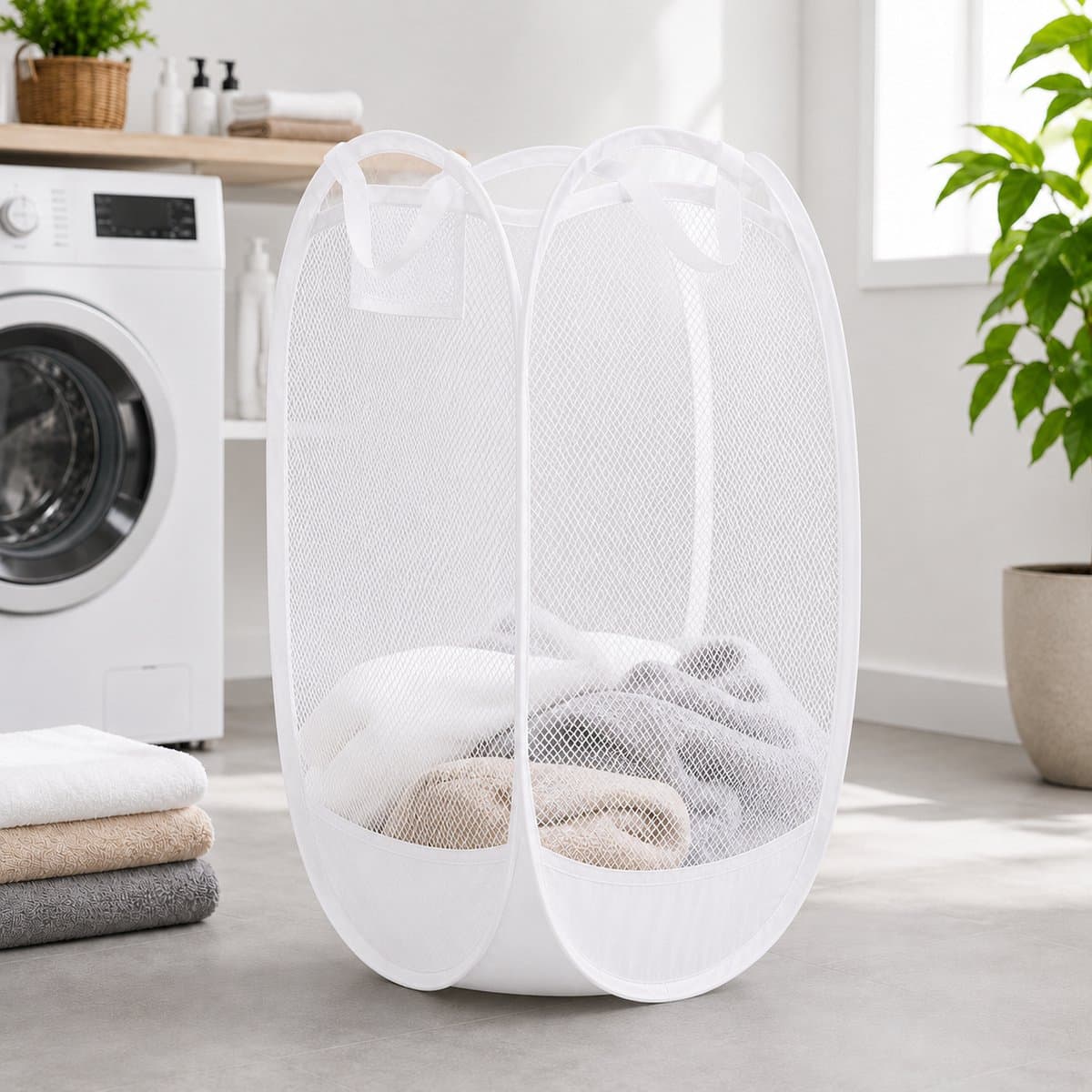 HEM Pop-up Wasmand 64 Liter – Opvouwbare Laundry Basket – Inklapbare Wasbox met Mesh – Wit – Inclusief HEM Microvezeldoekje — afbeelding 1