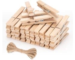 Houten wasknijpers 7cm Vintage: Grote klemmen voor foto's ophangen, 50 stuks met jute koord voor knutselen, bruiloftsdecoratie en doe-het-zelfprojecten