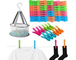48 Stuks Kleurige Wasknijpers met Mand, Winddichte Kledingknijpers voor Waslijnen, Ideaal voor Sokken en Handdoeken
