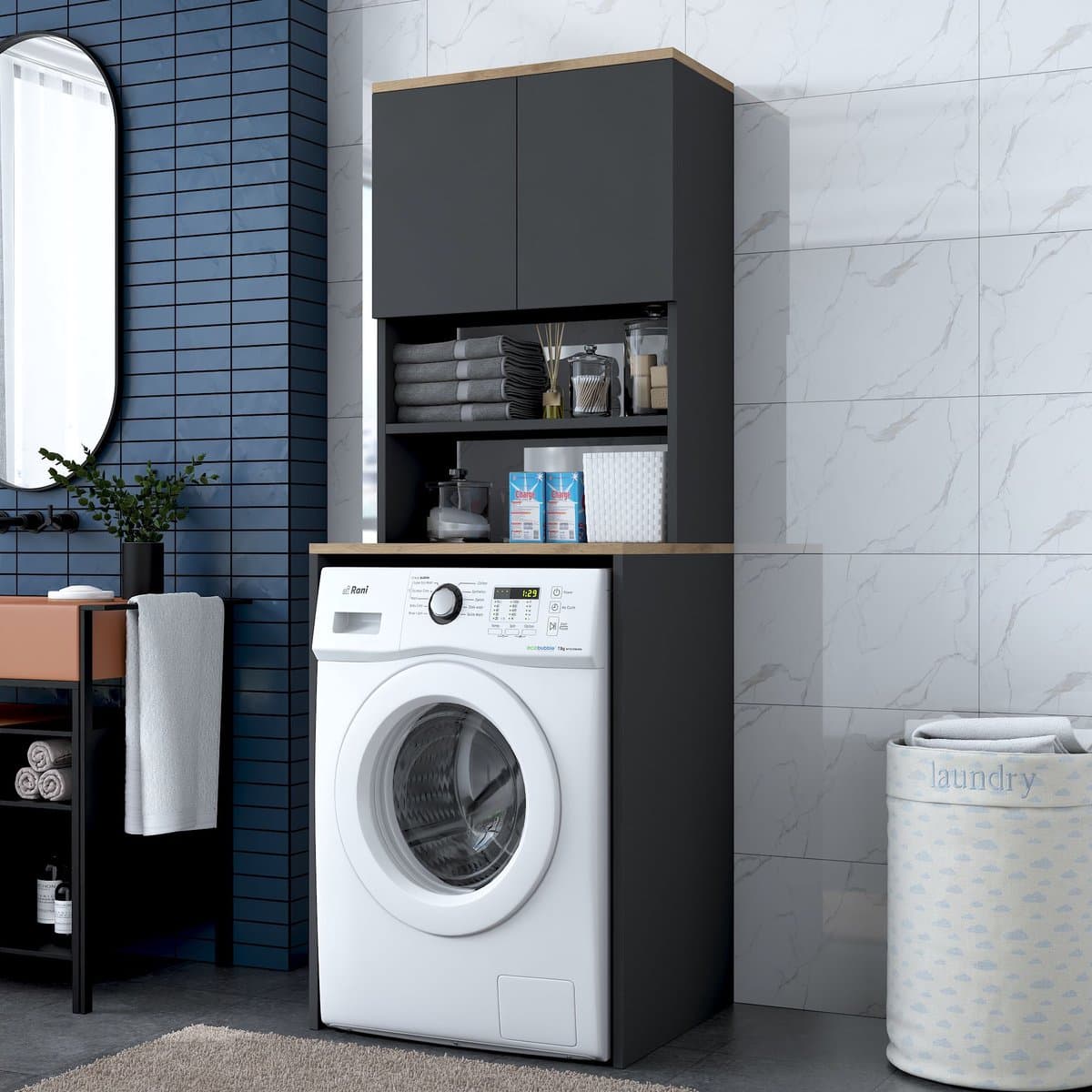 Skye Decor, Wasmachinekast, KD118 - 5194, Gemelamineerde spaanplaat, Walnoot & Antraciet, 65 x 60 x 183,6 cm — afbeelding 1