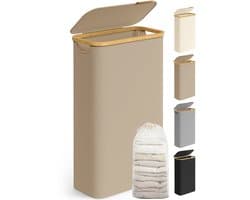 Emvae Wasmand - Smalle Wasbox met Deksel en Uitneembare Waszak - Compact - 65L - Oxford Stof/Bamboe - Beige — afbeelding 1