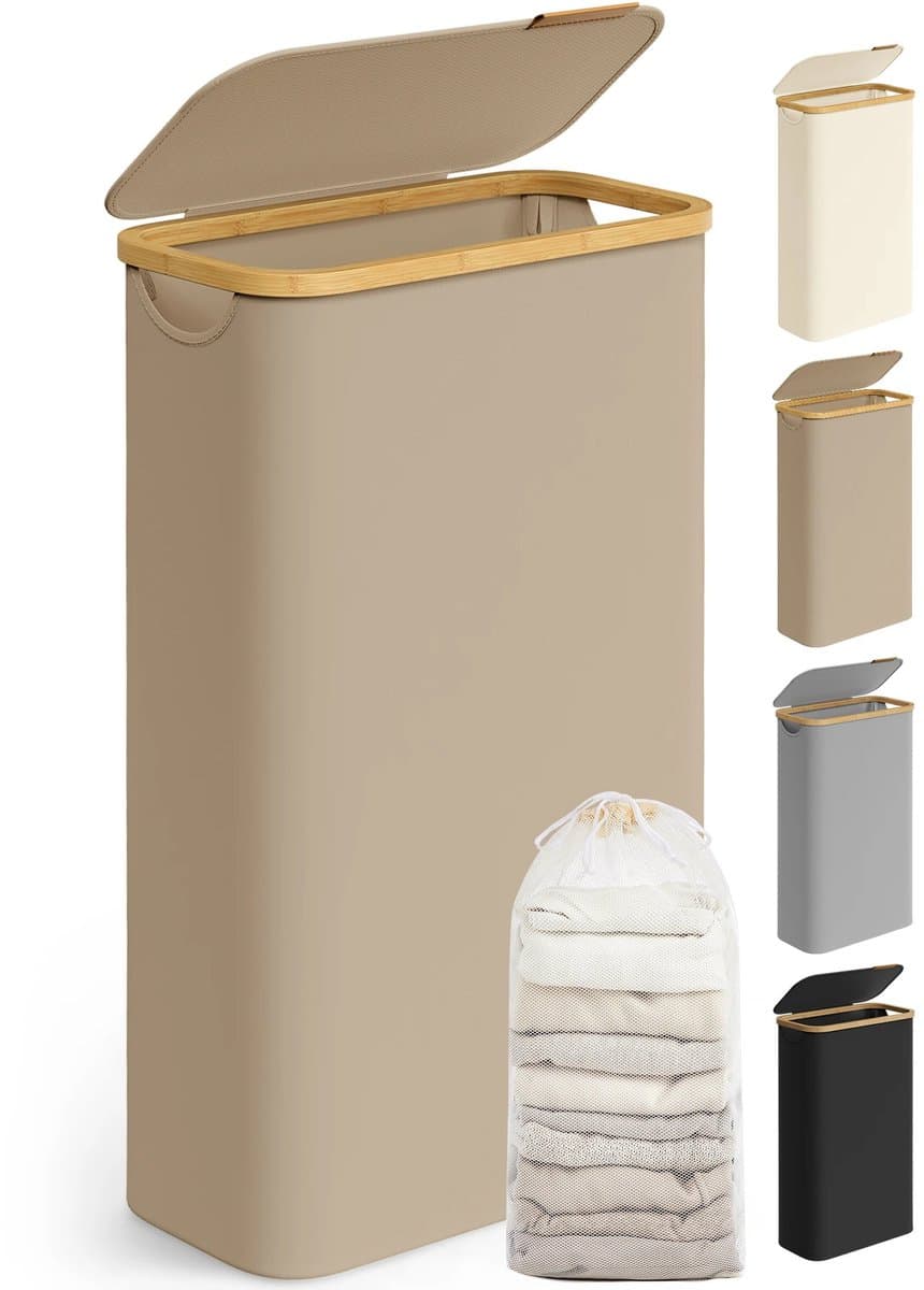 Emvae Wasmand - Smalle Wasbox met Deksel en Uitneembare Waszak - Compact - 65L - Oxford Stof/Bamboe - Beige — afbeelding 1