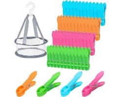 GELLDG Wasknijpers - 48 Stuks - Extra Sterke Wasklemmen - Geschikt voor Buitenwassen en Fijne Kleding - Duurzaam Kunststof Materiaal - Incl. Opbergmand met 360° Draaibare Haak - Kleurrijke Set