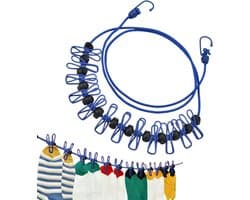 Waslijn met Clips - Reis Waslijn - Kleding Drogen - Windproof Ontwerp - 3.7 Meter - Blauw