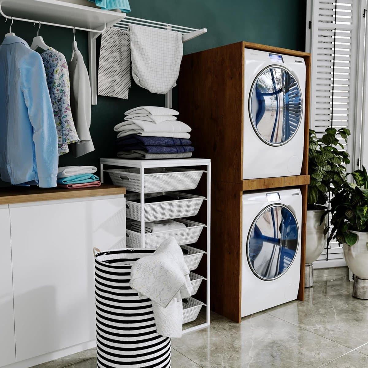 Waskast Hoog voor Wasmachine en Droger | Ruimtebesparende Kast voor Wasruimte of Badkamer | 66x180x65 cm — afbeelding 1