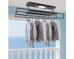 Elektrisch Plafond Wasrek - Uitschuifbaar 130-215 cm - Ruimtebesparend Droogrek met LED Verlichting & Afstandsbediening - Zwart