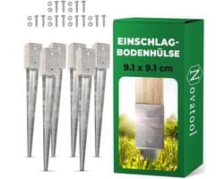 Novatool 6x Grondhulsset 91x91x750 mm, Grondhuls Parasolpaalsteunen Hekpaal Houten paal Grondhulzen Inslaghuls Grondanker Grondpen voor inslaan, Verzinkt, met schroeven