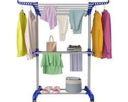 Droogrek met wieltjes, multifunctioneel droogrek met 3 verdiepingen, tower, inklapbaar, klein wasrek, ruimtebesparend met vleugels, wastoren voor binnen en buiten (blauw en grijs)