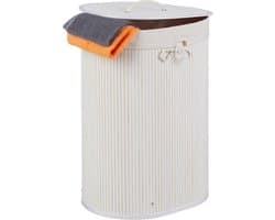 wasmand bamboe - 46 l - ovaal - opvouwbaar - met deksel en waszak - wit