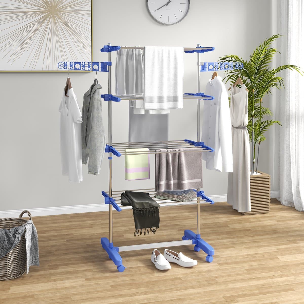 MIVRAY Droogtoren - Met Wielen En Inklapbaar - 142 x 55 x 172 cm - Roestvrij Staal - Blauw - Vrijstaand Voor Binnengebruik — afbeelding 1
