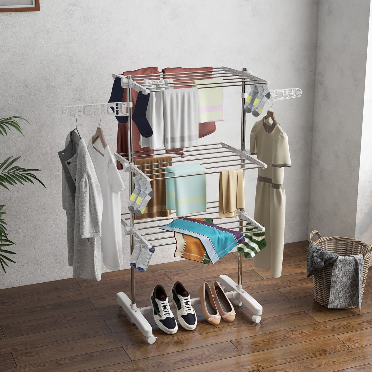 COVREO Droogtoren 142 x 55 x 152 cm - inklapbaar, 3 niveaus, met wielen, wit staal — afbeelding 1