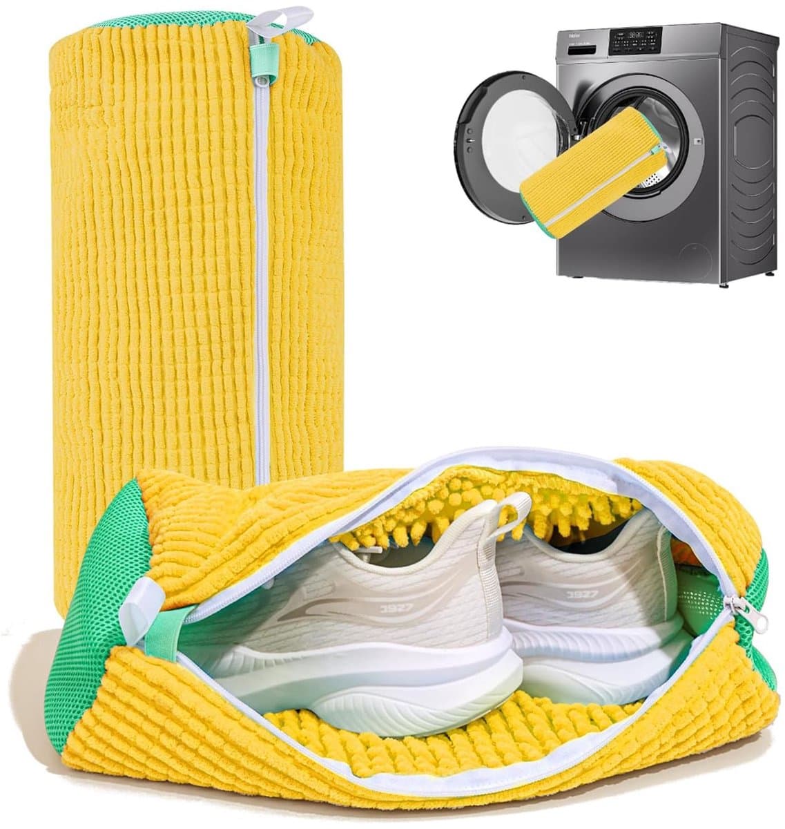 Waszak voor schoenen: Waszak voor schoenen voor wasmachine en droger - 2-delige herbruikbare reinigingsset voor sneakers en tennisschoenen (geel- 2 stuks) — afbeelding 1