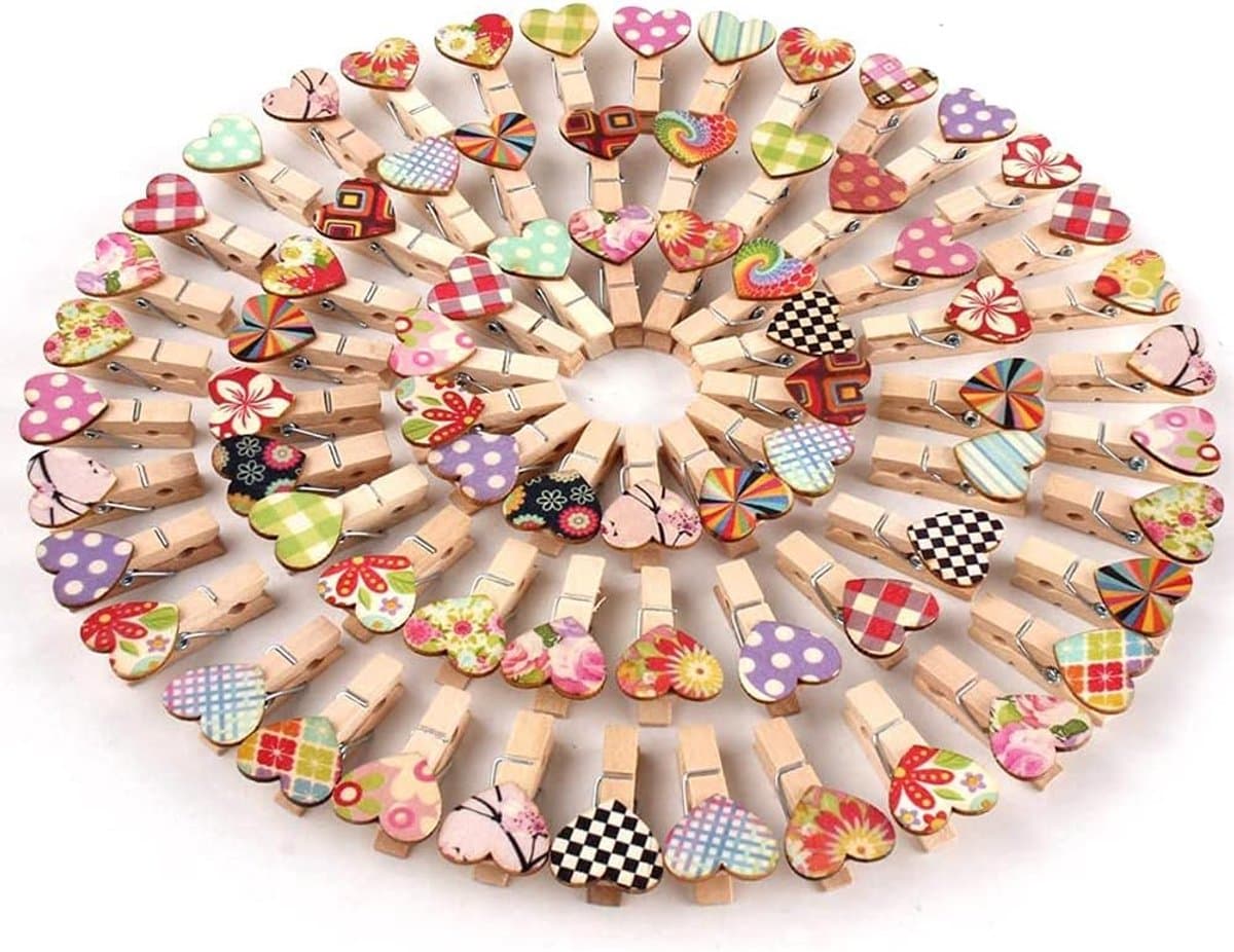 Mini wasknijpers 100 stuks - Houten clips met hartjes - Schattig en kleurrijk - Perfect voor knutselen - ShopVlot — afbeelding 1