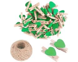 Houten Hart Wasknijpers - Fotoclips Mini - Decoratie Ophangen - Milieuvriendelijk Houtmateriaal - 3 cm - Groen