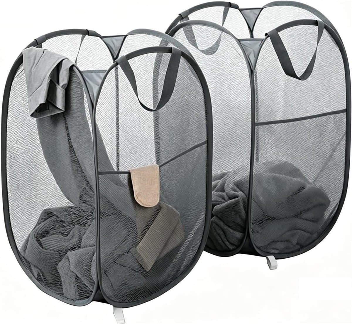 Thijox - 2 stuks 75 liter opvouwbare wasmanden, mesh, grote pop-up wasmanden, ademend en draagbaar met handvat en zijzak, donkergrijs voor thuis, camp — afbeelding 1