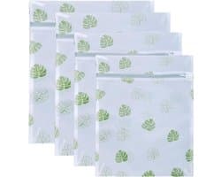 Herbruikbare waszakken met groen bladpatroon - 4 stuks, ideaal voor het wassen van fijne was zoals shirts, jassen en truien met rits sluiting.
