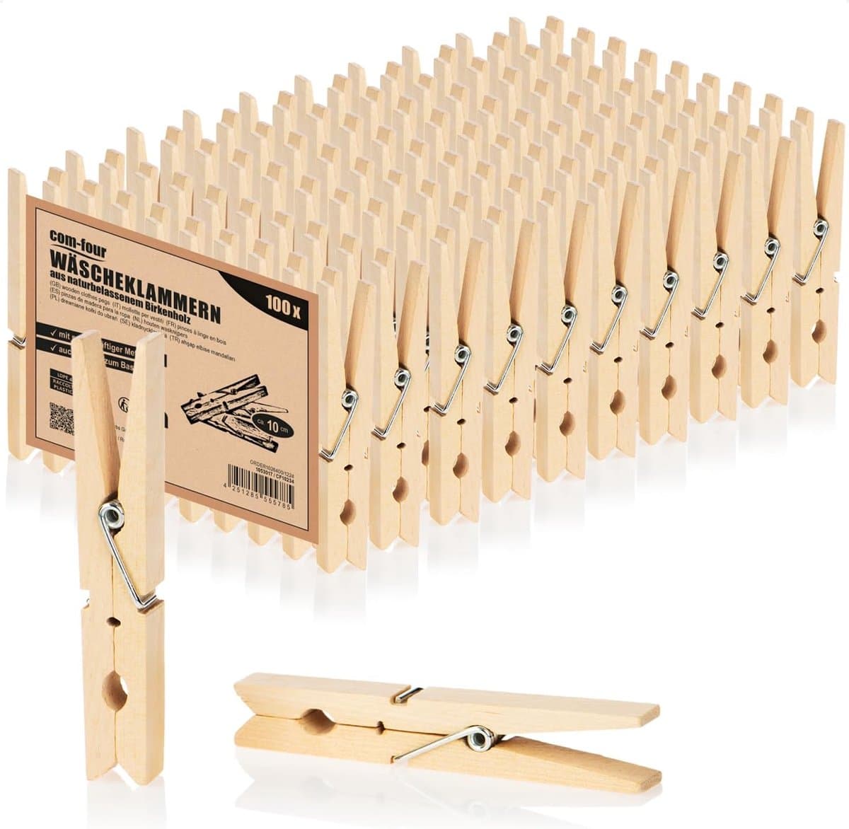 SnelShoppen - 100 x XXL Houten Wasknijpers - Duurzame Berken Houten Klemmen - Onbehandelde Kledingknijpers voor Hangende Was - 10 cm - Ideaal voor Cam — afbeelding 1
