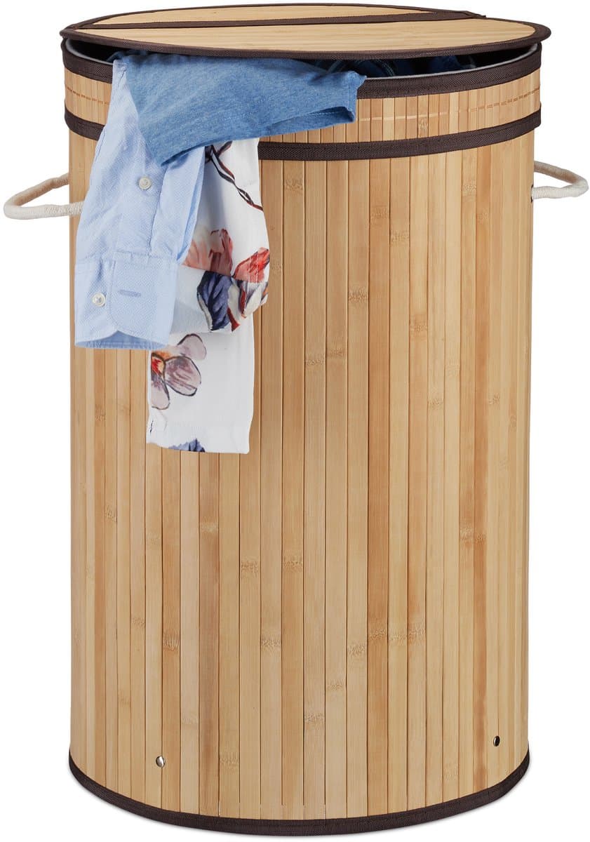 wasmand - 65 l - bamboe - met klapdeksel - handgrepen - opvouwbaar - natuur — afbeelding 1