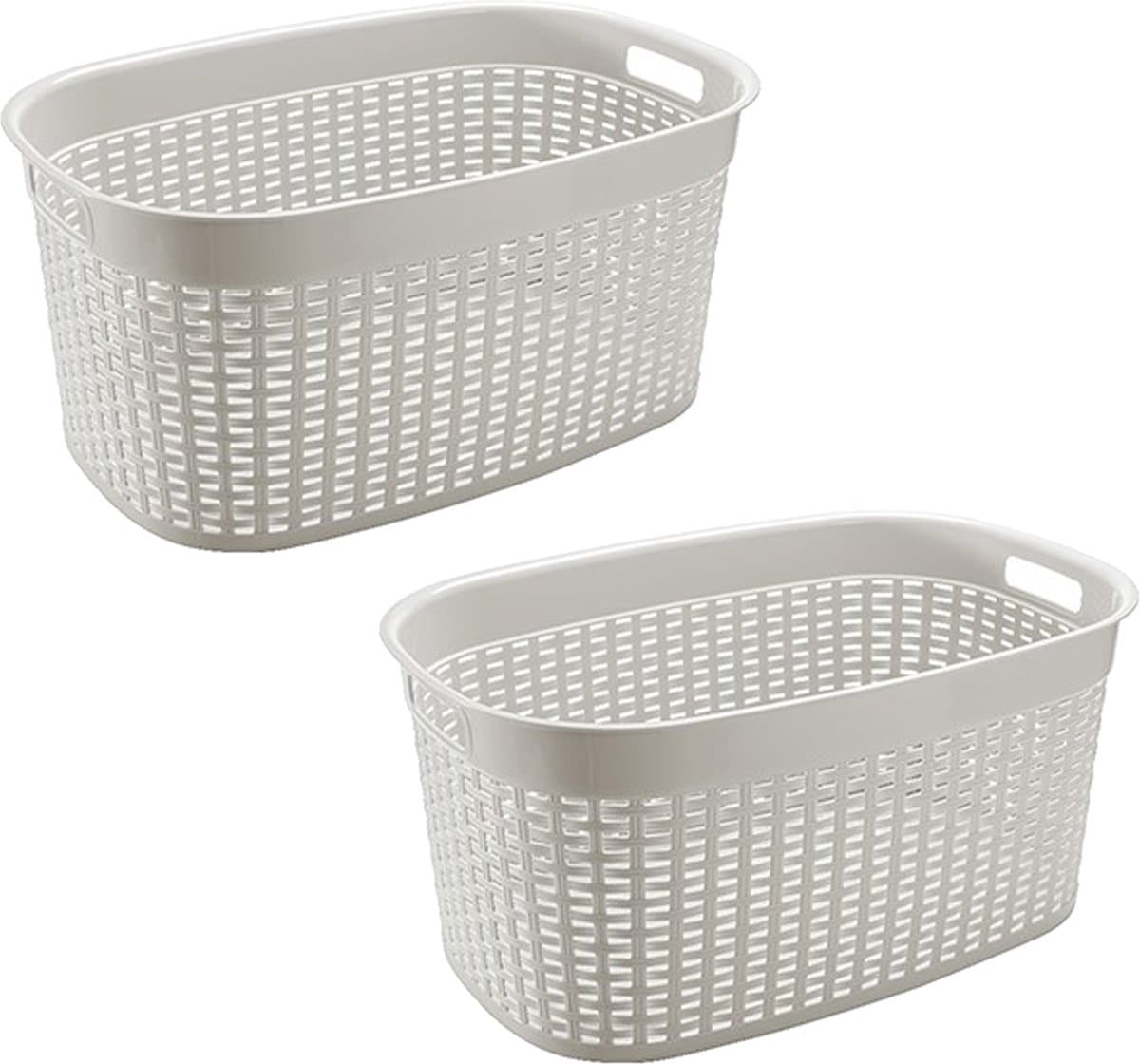 Hega Hogar Rotan line wasmand - 2x - wit - inhoud 44 liter - kunststof - 58 x 39 x 27 cm — afbeelding 1