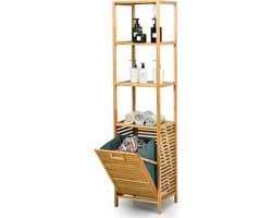 COSTWAY 2 in 1 Badkamerplank & wasmand, hoge kast voor badkamer van bamboe met 3 planken, waskast met uitneembare waszak & handvat, badkamerkast voor badkamer slaapkamer wasruimte, natuur
