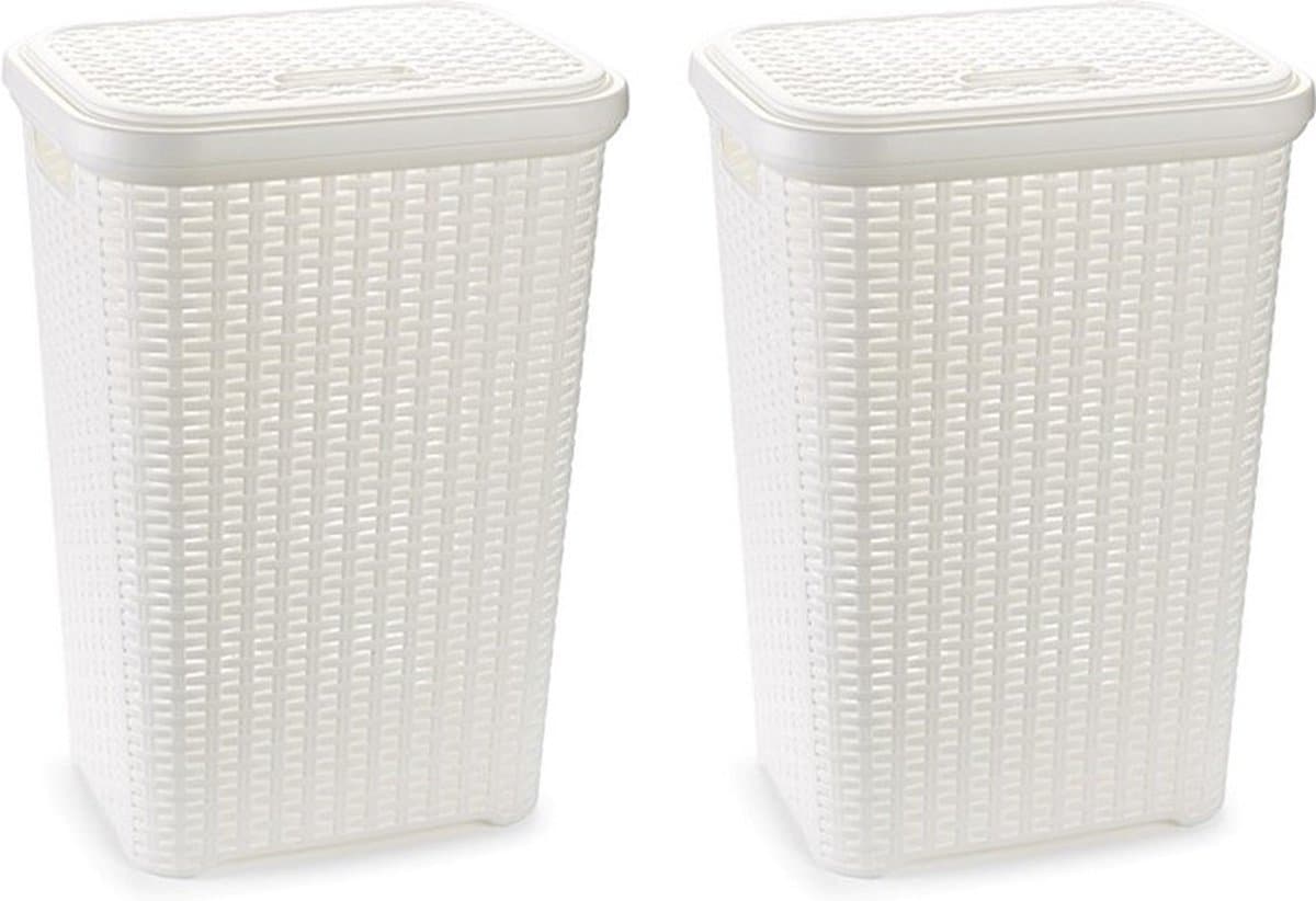 Plasticforte Wasmand met deksel - 2x stuks - 60 liter - wit - rotan - kunststof - L35 x B43 x H62 cm — afbeelding 1