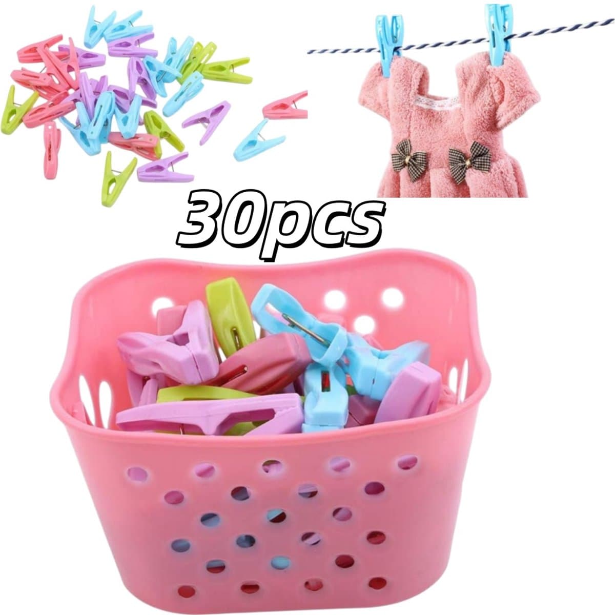 1 roze mand + 30 kleine clips - met opbergmand - kledingdroogclip ondergoed sokken wasknijpers - 13*11*7.5cm - geschikt voor thuisgebruik bij het drogen van kleding - roze — afbeelding 1