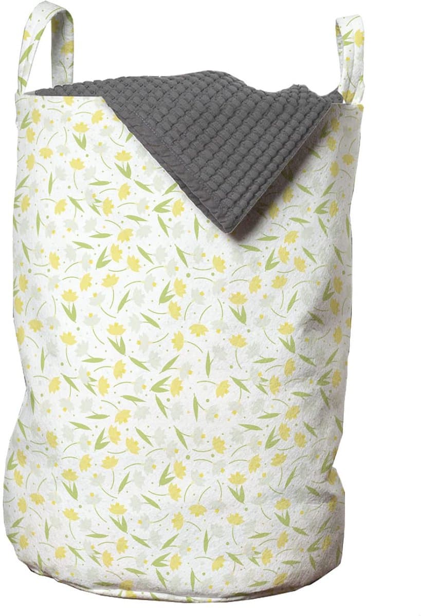 ABAKUHAUS Bloemen-waszak, narcis- en stippenpatroon, wasmand met draaggrepen, trekkoordsluiting, voor wasserettes, 33 cm breed x 49 cm hoog, pastelgeel/lichtgroen — afbeelding 1