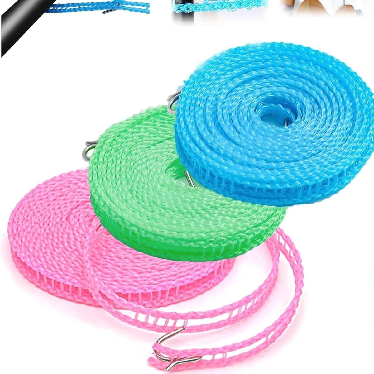 Allecta - Nylon Waslijn Set voor Binnen- en Buitengebruik met 3 Stuks en 5 Meter Lengte - Blauw, Groen, Roze. — afbeelding 1