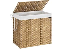 SONGMICS LCB216Y01 Wasmand 2 compartimenten wasmand 160 L Synthetische rotan wasmand met deksel en handvatten gevlochten opvouwbare verwijderbare waszak natuurlijke kleur