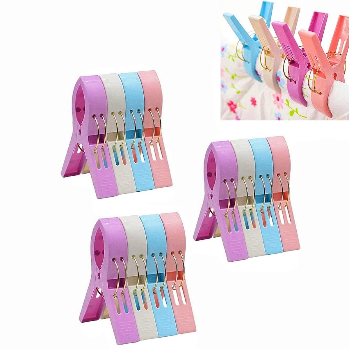 12 stuks Multifunctionele, sterke wasknijpers - valt niet gemakkelijk af - Bevestigingsclips voor zwembadafdekkingen - Droogclips voor dekbedden en lakens - 4,5*2 inch - Geschikt voor thuis, op reis en buiten drogen - Roze, blauw, paars en wit. — afbeelding 1