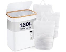 Wasmand met deksel - 3 vakken - 160 liter - wasverzamelaar - 3 waszakken - grote opvouwbare wassorteerder - bamboe - hoge wasmand - wit