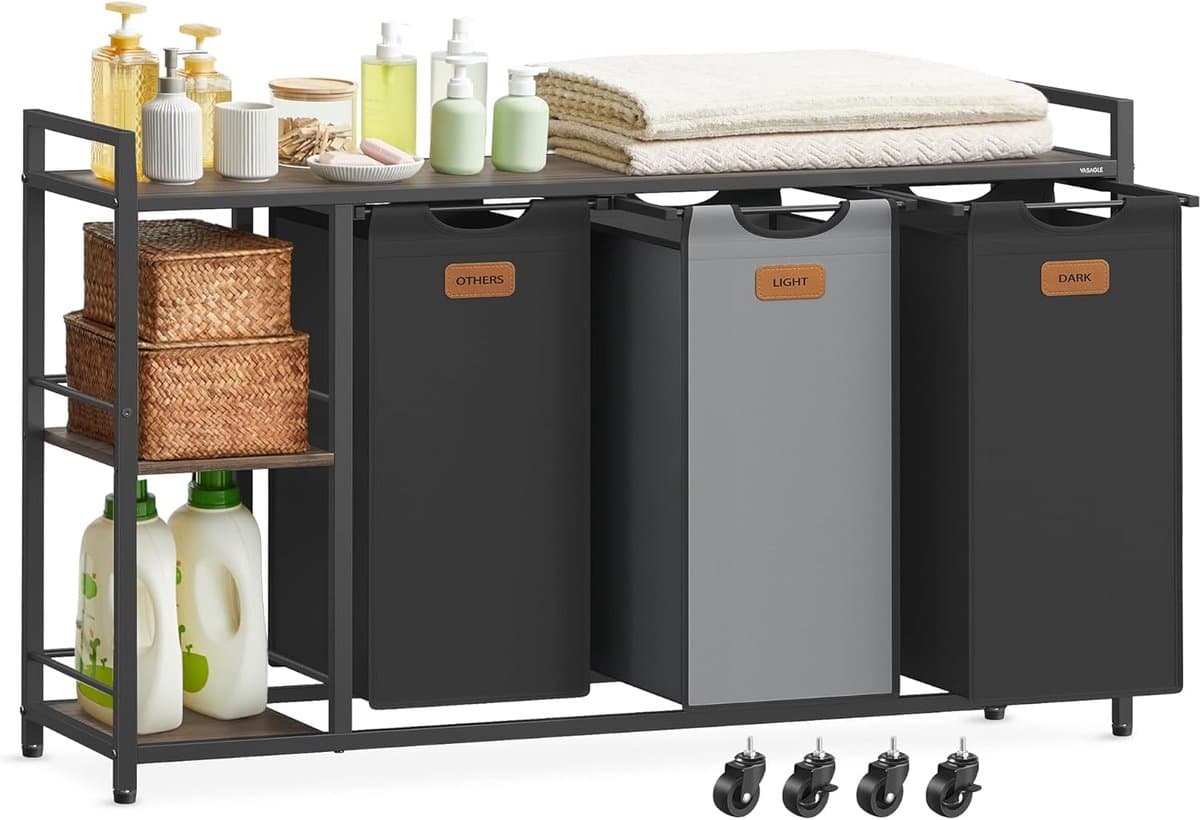 Wasmand - 3-delig met Rek - 150 Liter – Wassorteerder – Industriële Opbergrek voor Wasruimte - 117x33x80,5cm — afbeelding 1