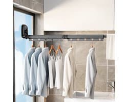 Droogrek-Binnenshuis-Hangkleding-Inklapbaar-Ruimtebesparend-Tot 15 Kledingstukken-Wasrek 126cm Hangend-Bevestigen aan Raam, Douchewand of Tegels ZONDER te boren of te schroeven - Uitschuifbaar-360° draaibaar-Zwart Metaal-droogrek-
