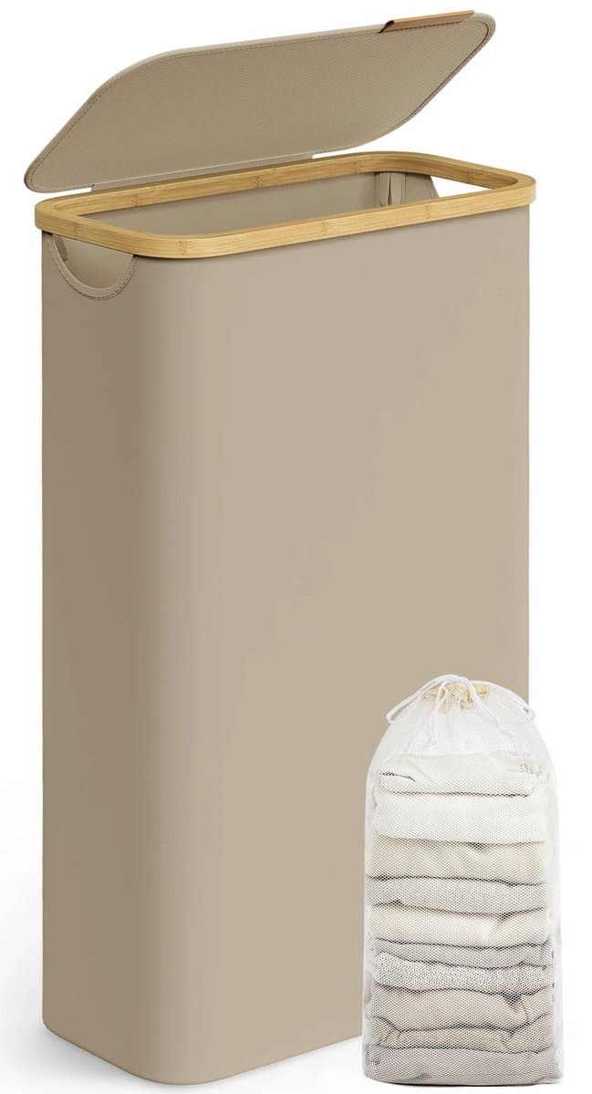 Vedder House - Wasmand - Wasmand met deksel - Beige - 65 liter - Smal - Opvouwbaar - Verwijderbare waszak — afbeelding 1