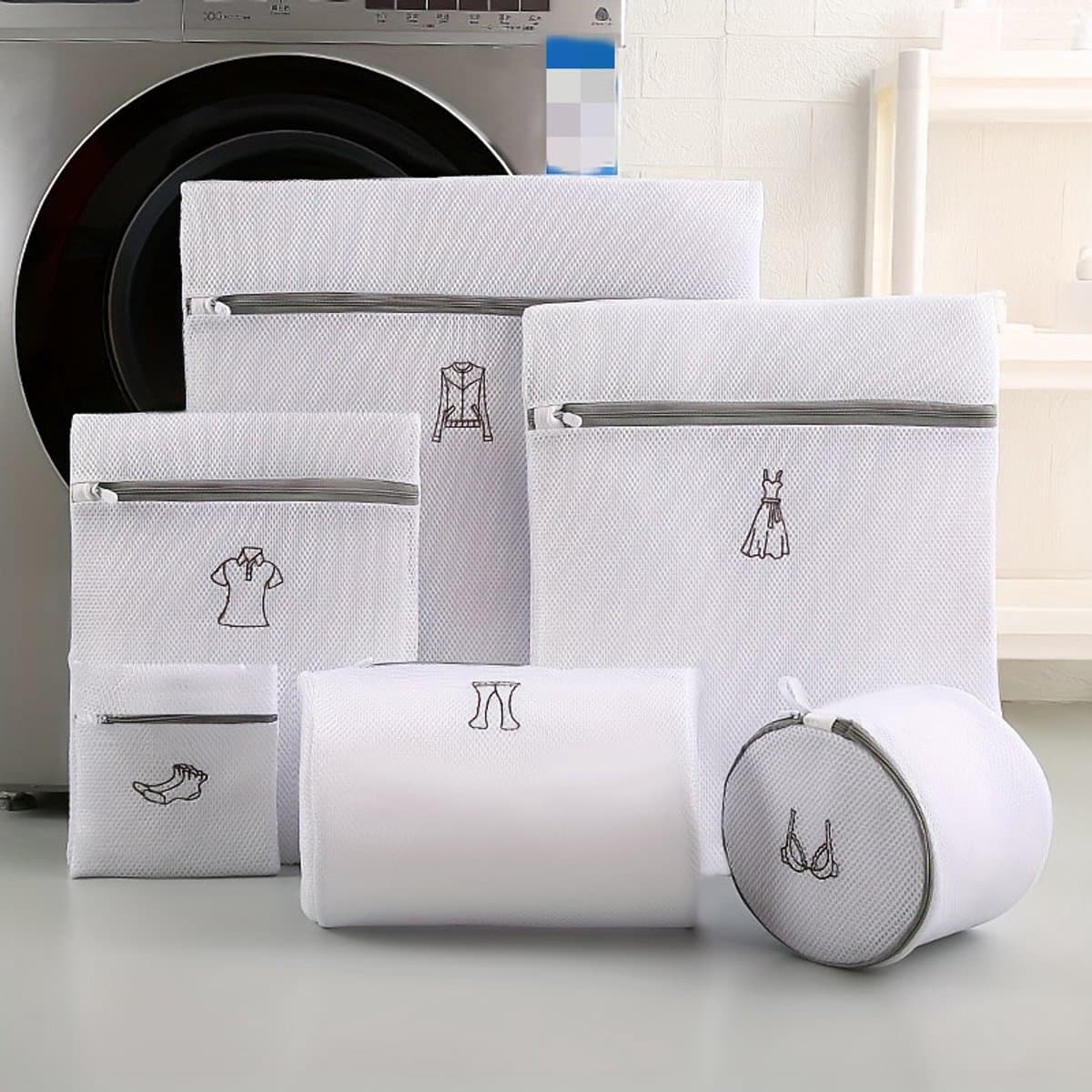 Kraftverdia - 6-delig Waszakken - Set voor de Wasmachine - Bescherming voor wasgoed - Ademende Mesh - Voor Kleding, Sok en Lingerie - Herbruikbaar - Groot met Rits - Wit — afbeelding 1