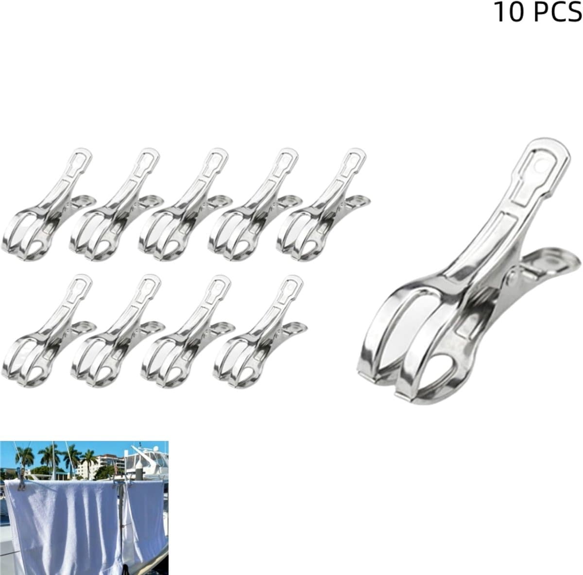 10 stuks - Verbeterde grote tuinklemmen - roestvrijstalen kasclips - roestvrijstalen dekbedklemmen - voor het ophangen van kleding, handdoeken en wasgoed binnen en buiten - 8.5×4.4cm - zilver — afbeelding 1