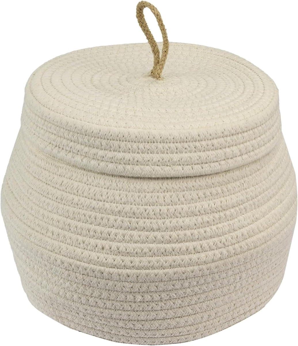 Ronde opbergmand met deksel van katoen voor badkamer, crème, 25,5 x 19 cm, hoog model — afbeelding 1